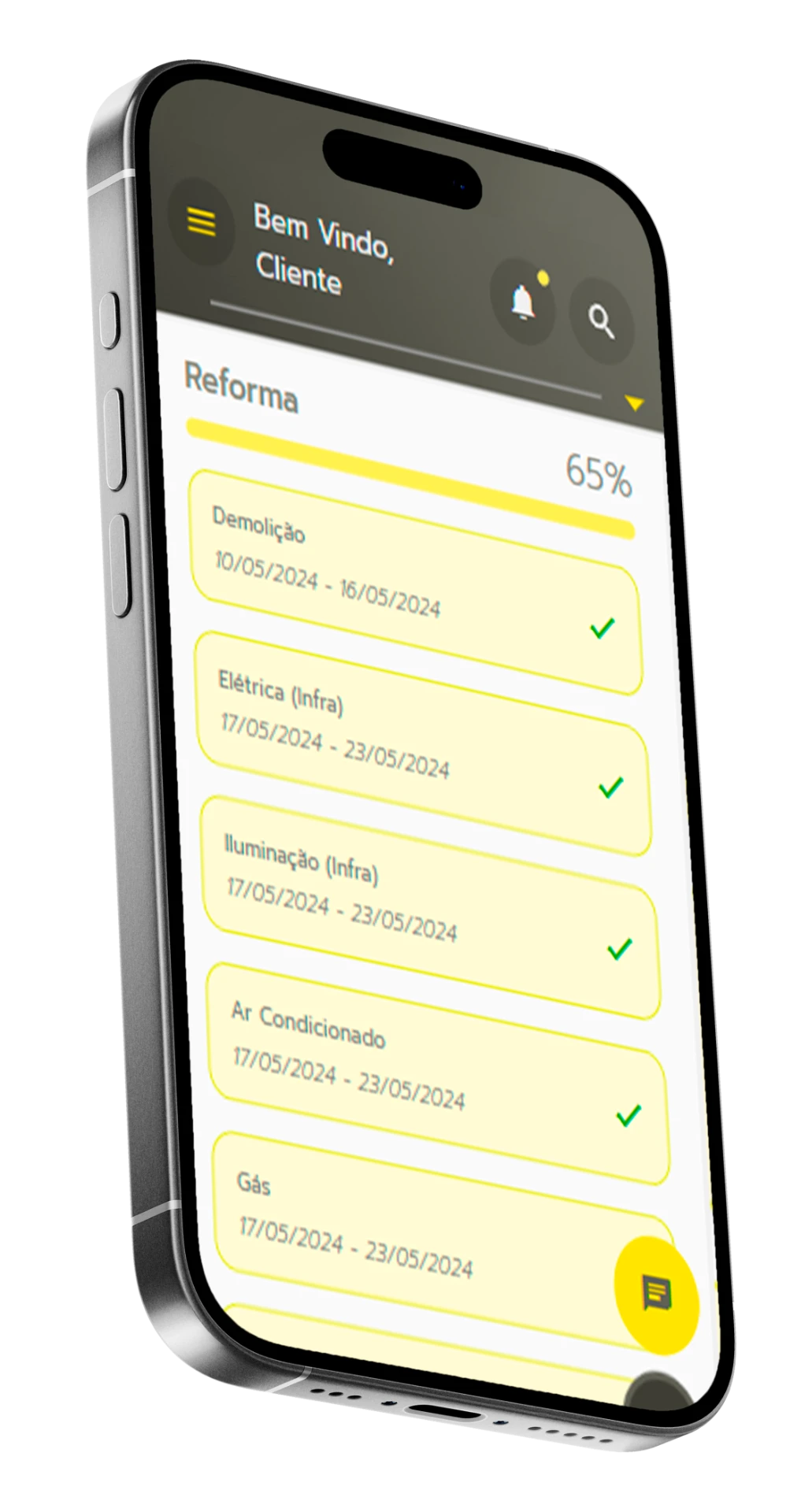 Tela do App Blink com serviços e acompanhamento de obra